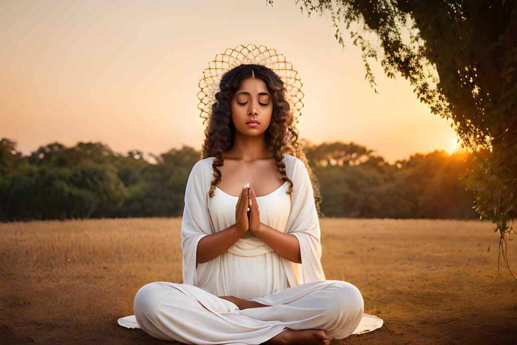 woman with halo meditating in front of a tree